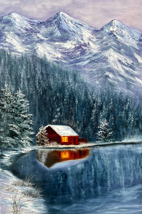 House near Lake - winters landscape, moutains and dreams