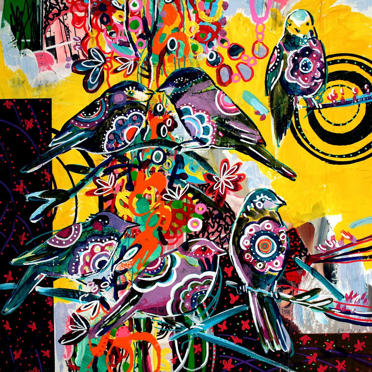 Organic Animal Acrylic Painting By Randi Antonsen, 16 X 16", Birds In Yellow, Original Artwork