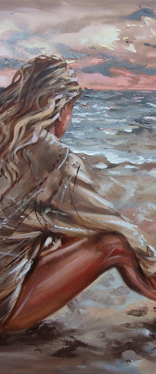 " JUST SUNSET ... "- SKY SEA SAND liGHt  ORIGINAL OIL PAINTING, GIFT, PALETTE KNIFE by Monika Luniak