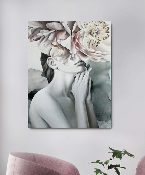 "Spring mood" Girl and flowers peony art