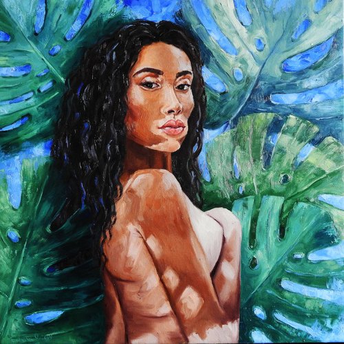 Black Woman Portrait with Monstera Floral Background Original Oil Painting by Olga Tretyak