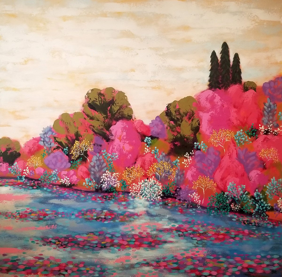 Impressionistic Landscape Acrylic Painting By Karen Rieger, 48 X 48", River Song, Original Artwork