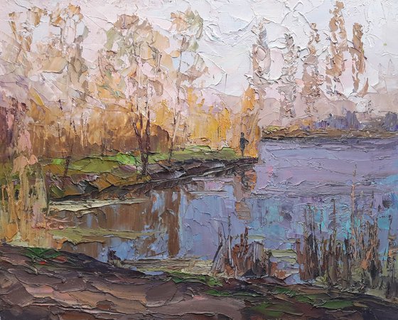Oil painting Autumn on the lake