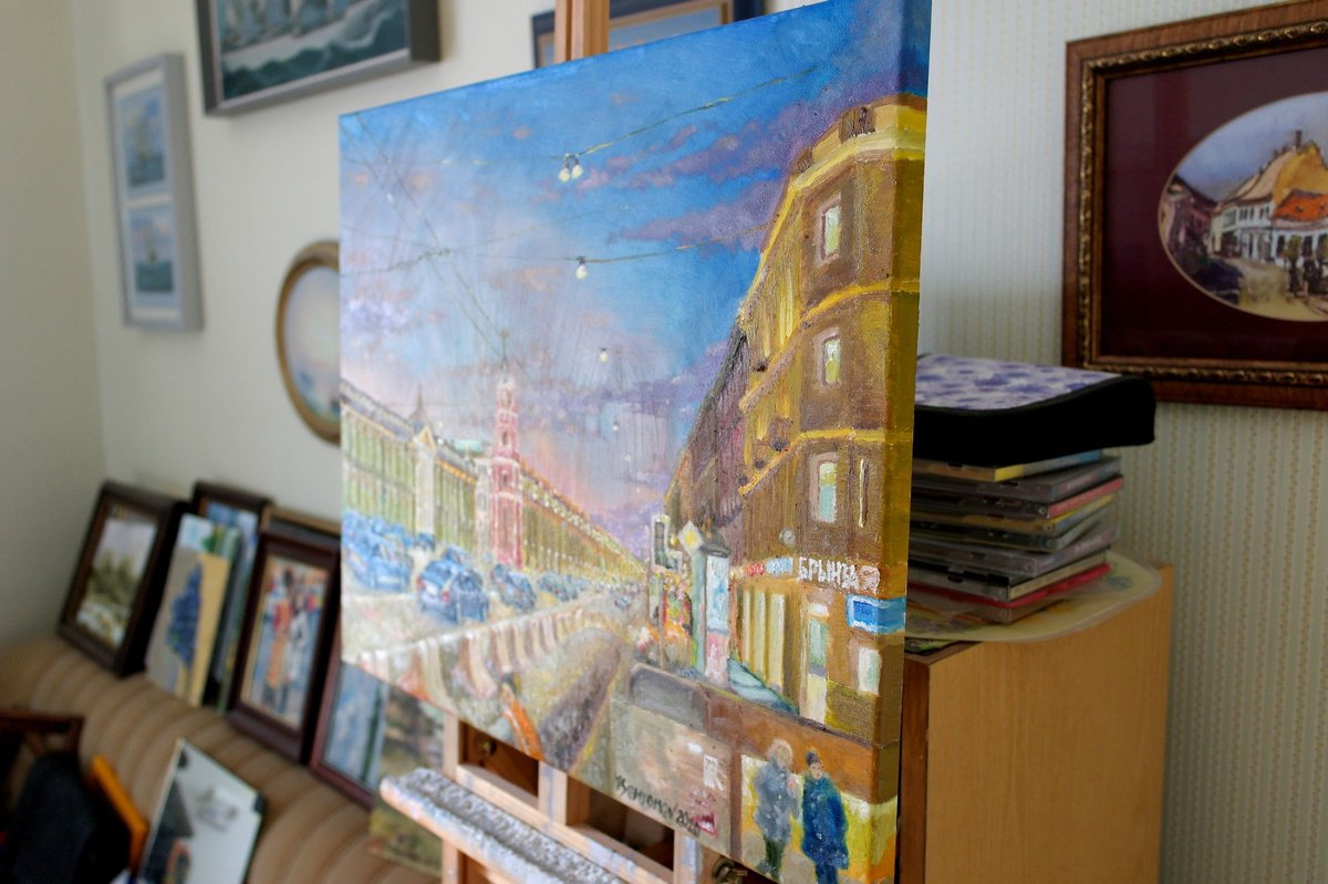 Impressionistic Cityscapes Oil Painting By Juri Semjonov, 20 X 16", St. Petersburg, Evening Nevskiy Avenue, Original Artwork