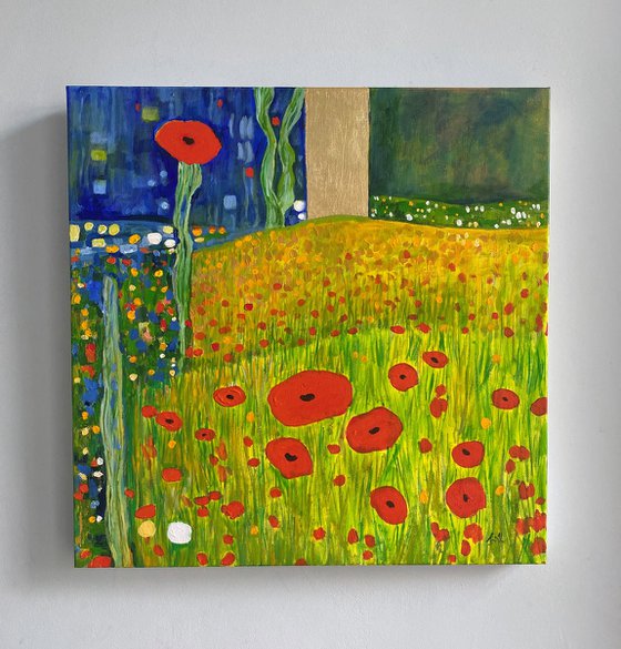 Contemporary Abstract Poppies & Gold Leaf Landscape.