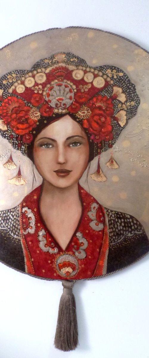"Rite of Fire". round canvas 80cm by Loetitia Pillault