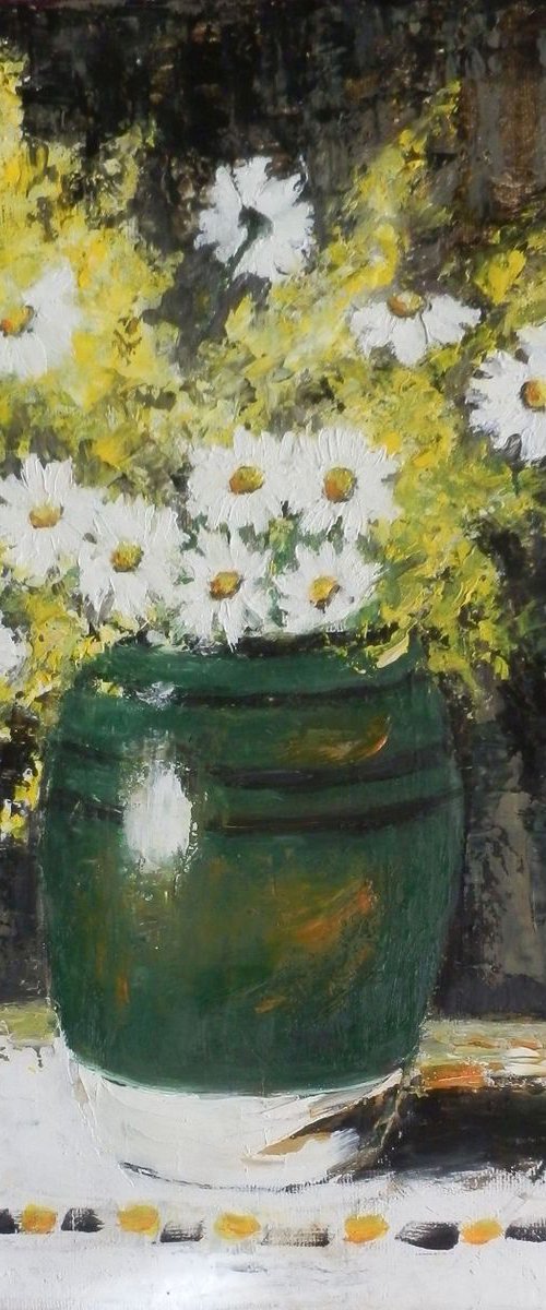 Summer flowers in green bowl by Maria Karalyos