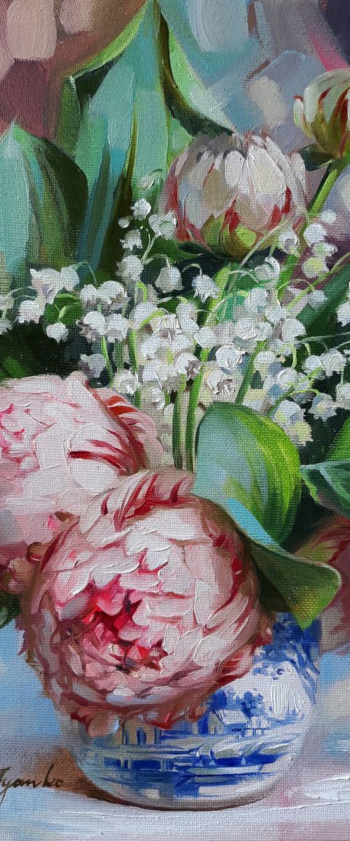 Lily of the valley and peonies flowers by Nataly Derevyanko