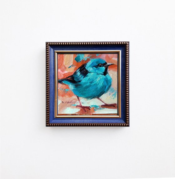Turquoise bird painting original, Birds art oil painting framed, Tiny painting of birds, Birding art in frame