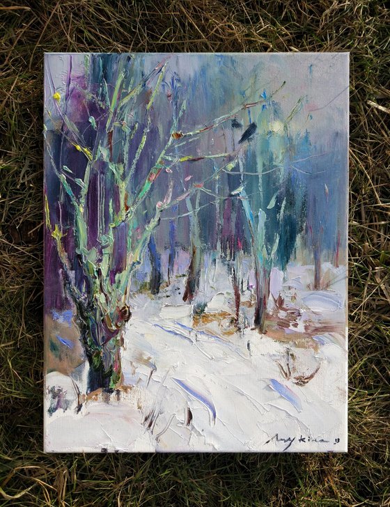 Snow and crows | Walk among winter garden | Original oil painting