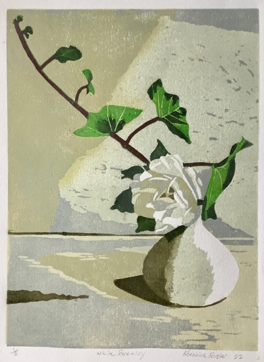 Botanical Linocut By Rosalind Forster, 10 X 14", White Rose And Ivy, Original Artwork