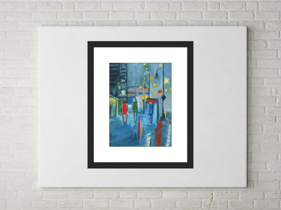 GIRLS CITY RAIN LIGHTS. Original Female Figurative Oil Painting. Varnished.