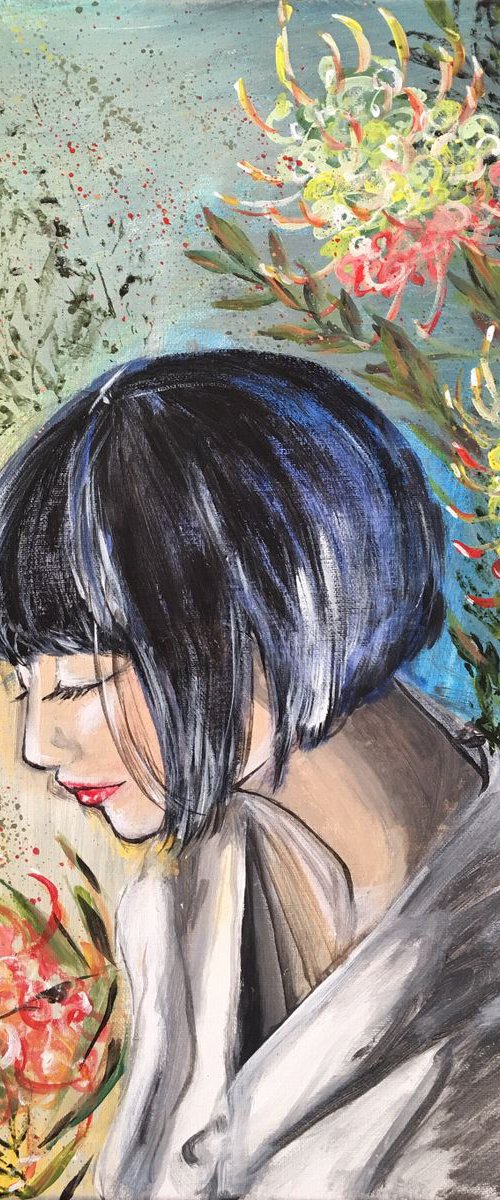 FLAMBOYANCE - Grevillea flowers And A Girl With Blue Hair by HSIN LIN
