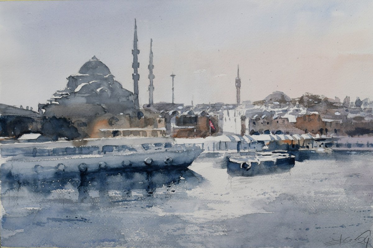 Cityscapes Watercolour By Goran Zigolic Watercolors, 22 X 15, Istanbul (Bosphorus Strait), Original Artwork