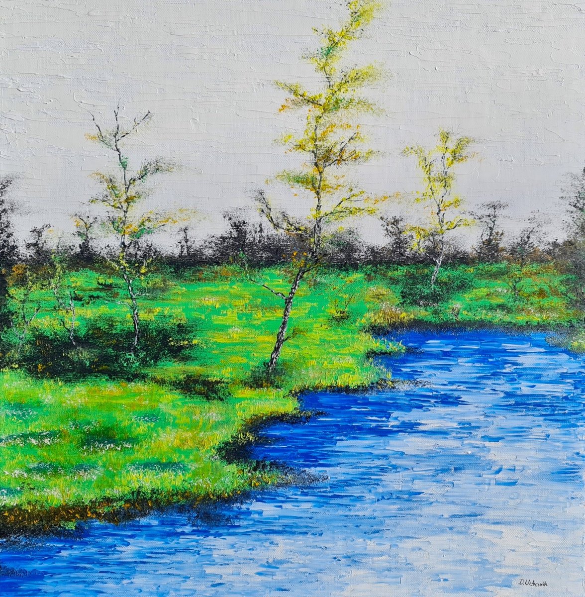 Impressionistic Landscape Oil Painting By Daniel Urbani?k, 16 X 16, Autumn Lake 2, Original Artwork