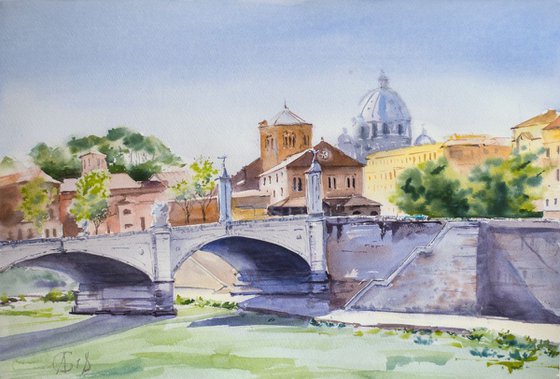 Bridges and Saint Paul view. Rome, Italy. Original watercolor.