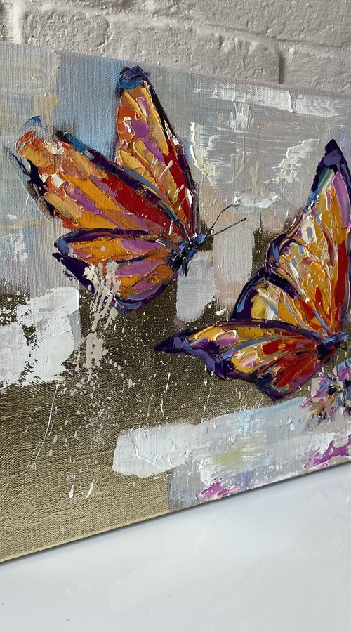 "Two butterflies and a flower". Original oil painting by Mary Voloshyna