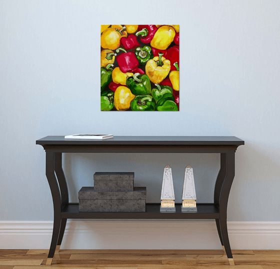 Peppers , oil painting, still life. Palette knife painting on canvas.