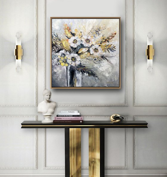 Flowers Oil Painting - Touch of Gold - Abstract Textured Palette knife