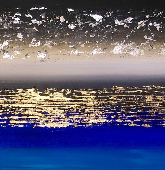 ACROSS THE OCEAN - Abstract blue sea. Marine tones. Ocean view. Gold. Very Peri. Milky Way. Luxury. Dust.