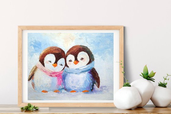 Penguin Couple Oil Painting Bird Wall Art Small Artwork