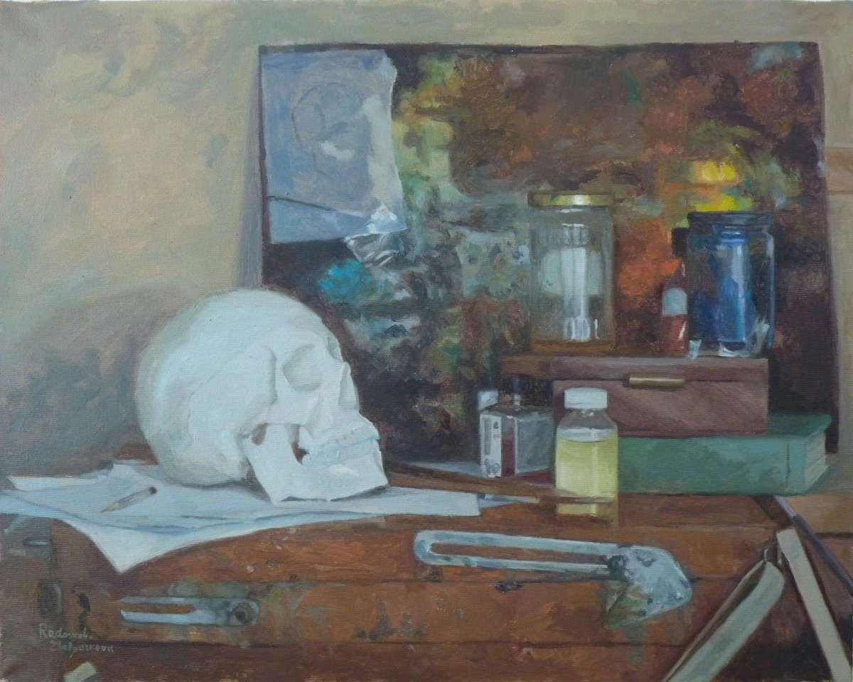 Impressionistic Still Life Oil Painting By Radosveta Zhelyazkova, 20 X 16", Sill Life With Skull, Original Artwork