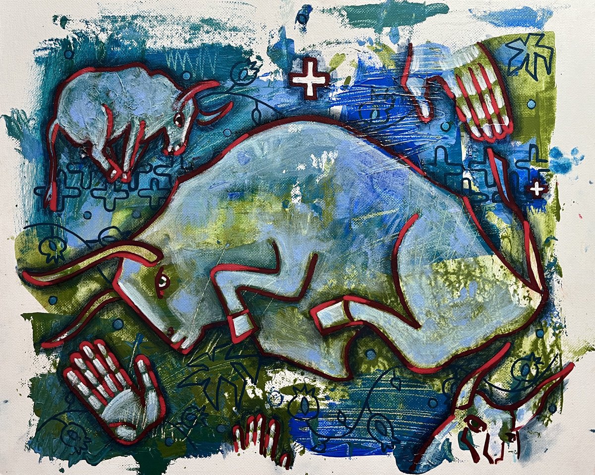 Naive Animal Acrylic Painting By Yuliia Chaika, 16 X 13", Spanish Vibes - Like Rock Art”, Original Artwork