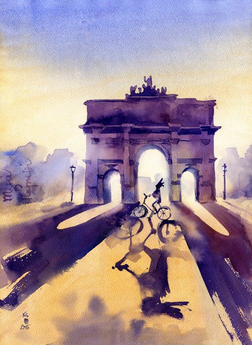 Architectural landscape "Paris. Shadows at sunset" cyclist on the background of the arch at sunset bright colors - Original watercolor painting by Ksenia Selianko