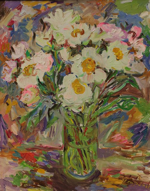 Bouquet - Still Life - Flowers in vase - Medium Size - Oil Painting - Gift Art - Living Room Decor by Karakhan