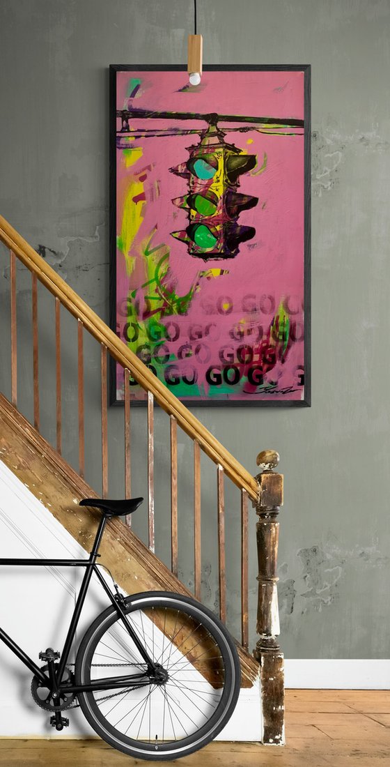 Pink vertical painting - "GO" - Pop Art - Street Art - Traffic light - Urban Art