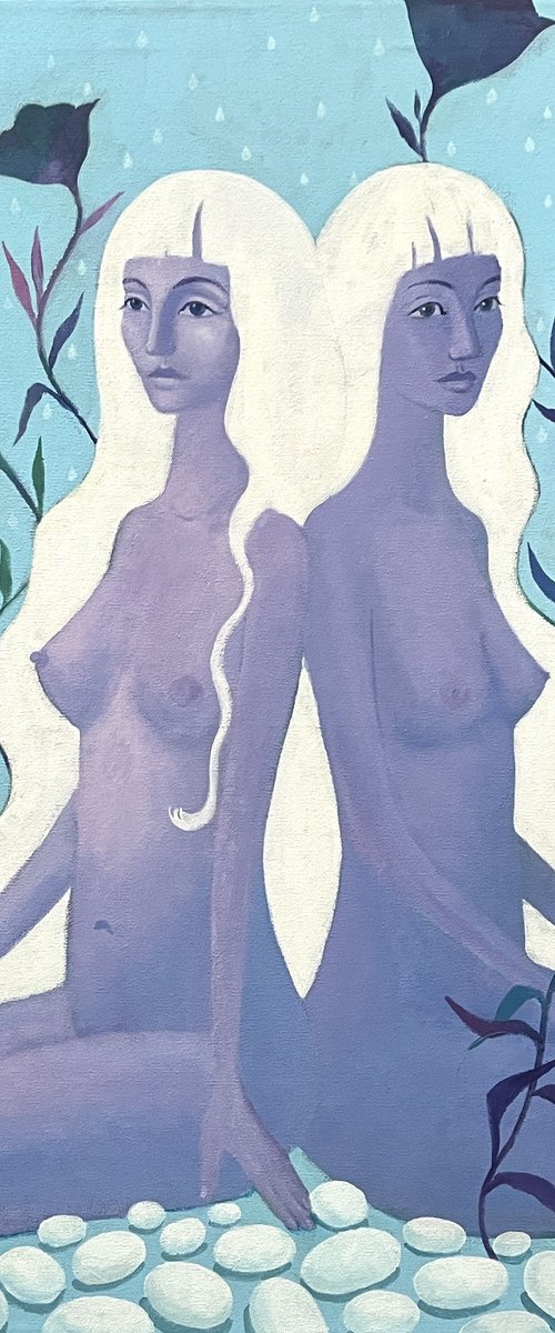 GEMINI. Acrylic painting, blue and purple, women portraits, nude, figurative art by Daria Borisova