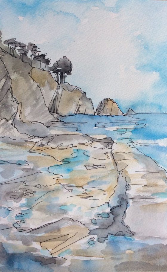 Lee bay, ink and watercolour sketch