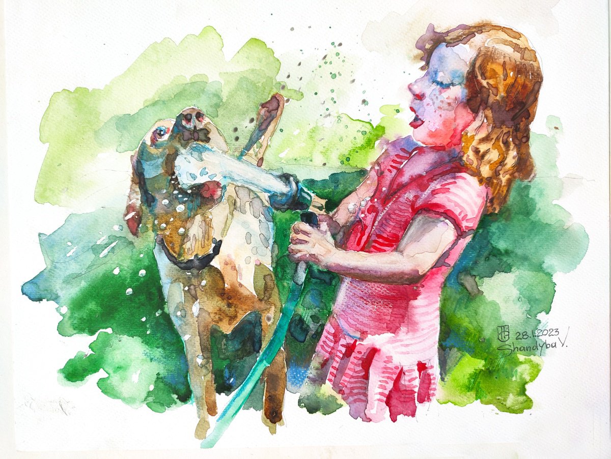 Impressionistic Still Life Watercolour By Vladimyr Shandyba, 17 X 13", Redhead Minx And Dog, Original Artwork