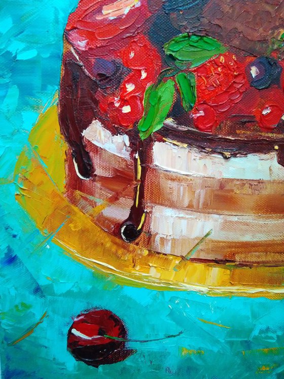 For tea, Cake Painting Original Art Dessert Artwork Kitchen Wall Art Food Impasto Painting 40x40 cm, ready to hang