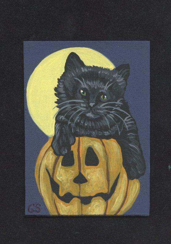 ACEO ATC Original Miniature Painting Halloween Pumpkin Pet Cat Art-Carla Smale