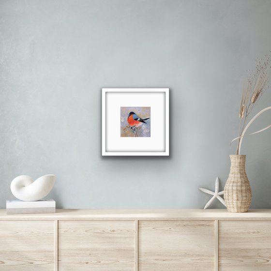 Bird oil painting - Bullfinch small canvas artwork - Christmas gift for bird lover (2021)