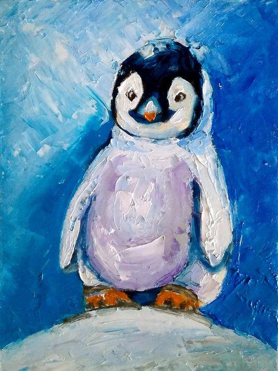 Penguin Painting Original Art Cute Bird Artwork Snow Wall Art