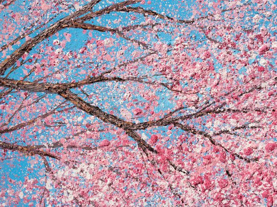 Cherry blossom dances in the blue, blue sky | 76cm x 76cm