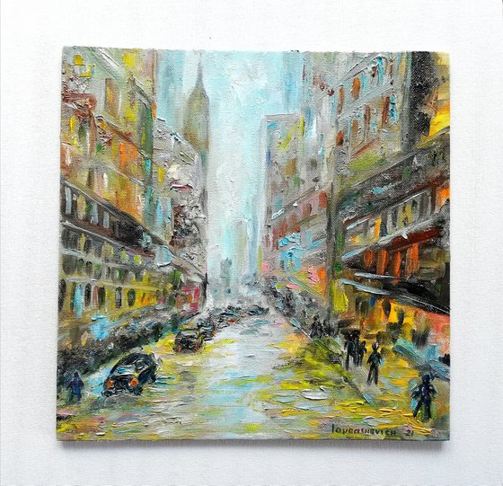Rain in the city | London Urban Cityscape | Original Oil Artwork (2021) 12x12 in. (30x30 cm)