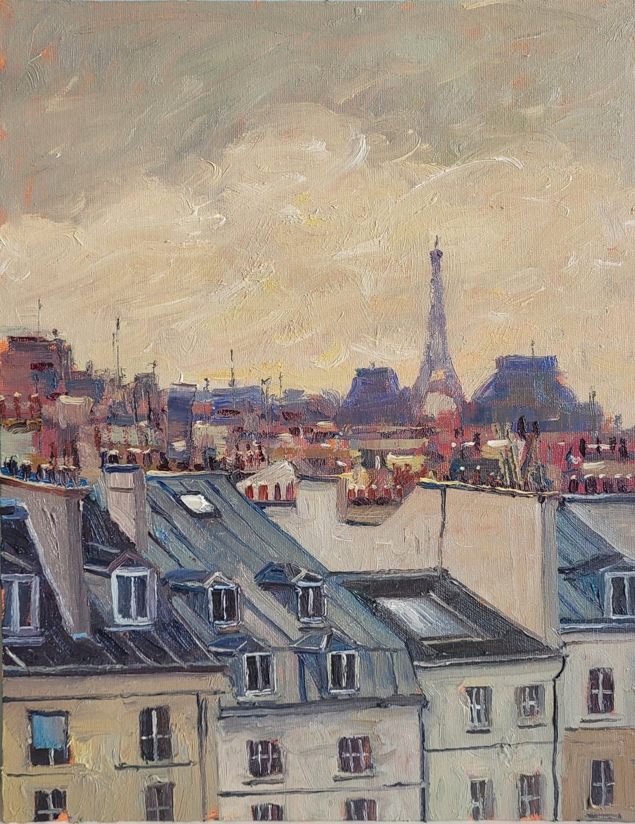 Impressionistic Cityscapes Oil Painting By Roberto Ponte, 11 X 14", Paris Rooftops, Original Artwork