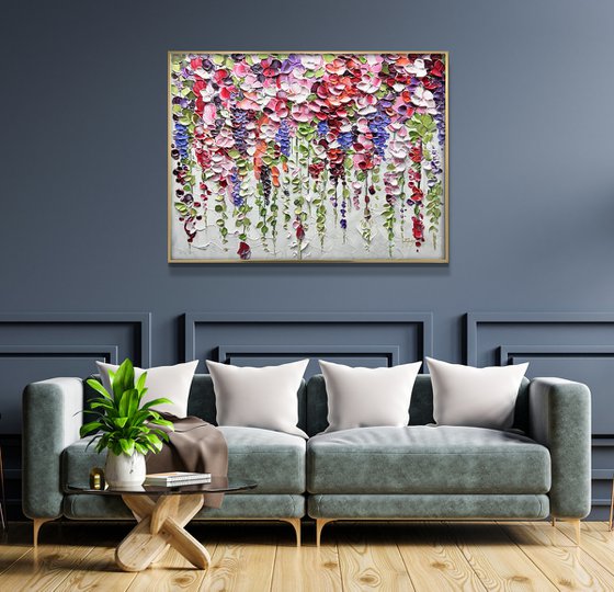 Blooming Above - Original Abstract Falling Colorful Leaves Flower Painting, Pink Flower Painting, Size: 32 x 24 inches (80 x 60 cm)