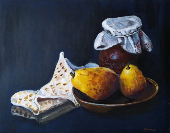 Yellow pears - modern still life with pears and ancient pot.