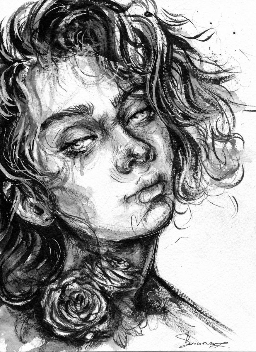 Expressive Portrait Ink Drawing By Doriana Popa, 7 X 9, Poisonous, Original Artwork