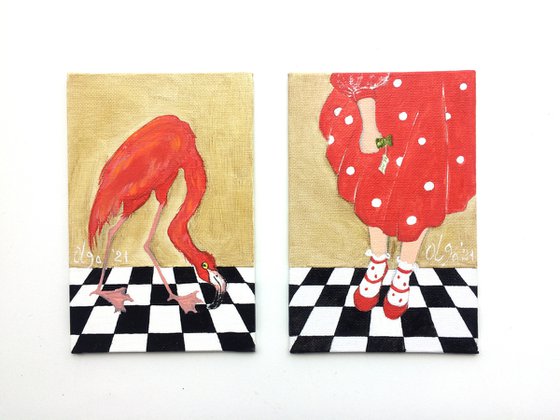 Diptych original oil paintings - Alice in Wonderland - Set of 2 miniature - Girl and flamingo (2021)