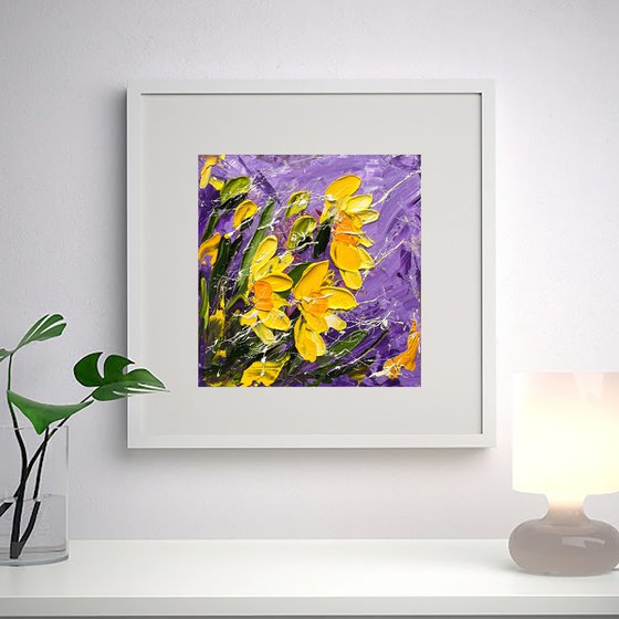 Daffodil Painting Floral Original Art Flower Oil Impasto Artwork Small Wall Art 6 by 6" by Halyna Kirichenko