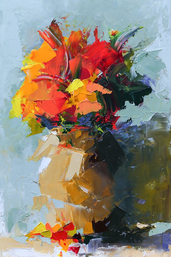 Modern still life painting. Palette knife artwork