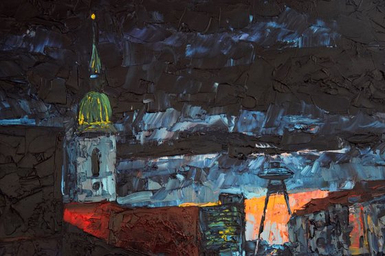 Oil painting on canvas Sunset in Bratislava, Europe