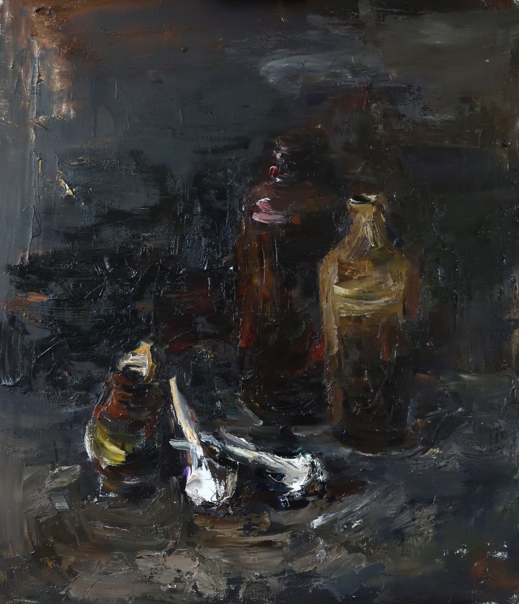 Expressive Still Life Oil Painting By Stanislava Cherkasova, 26 X 30", Still Life With Garlic, Original Artwork