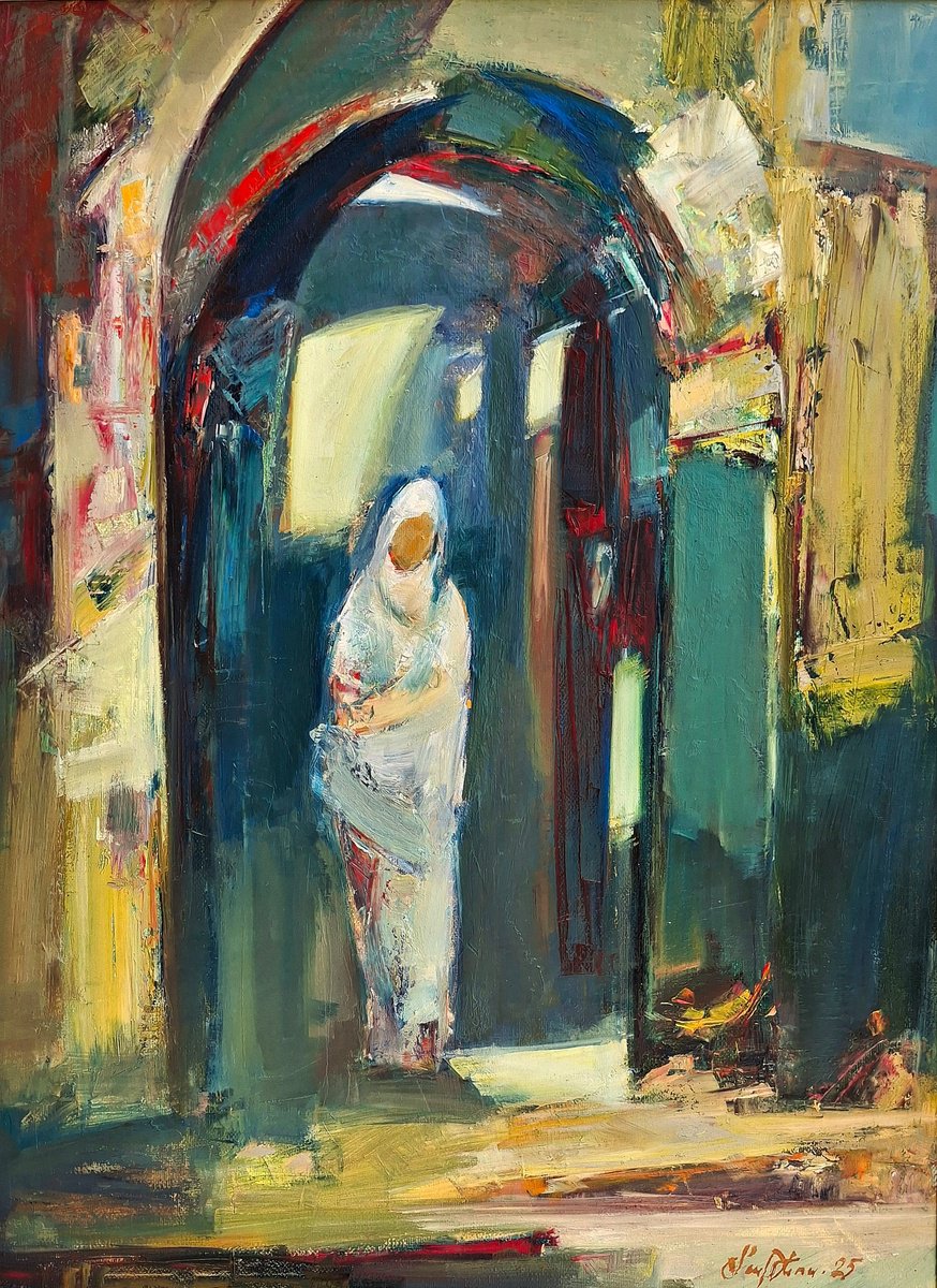 Abstract Portrait Oil Painting By Matevos Sargsyan, 18 X 24", Mystery Beyond The Archway, Original Artwork