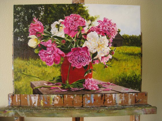 Peonies in red vase